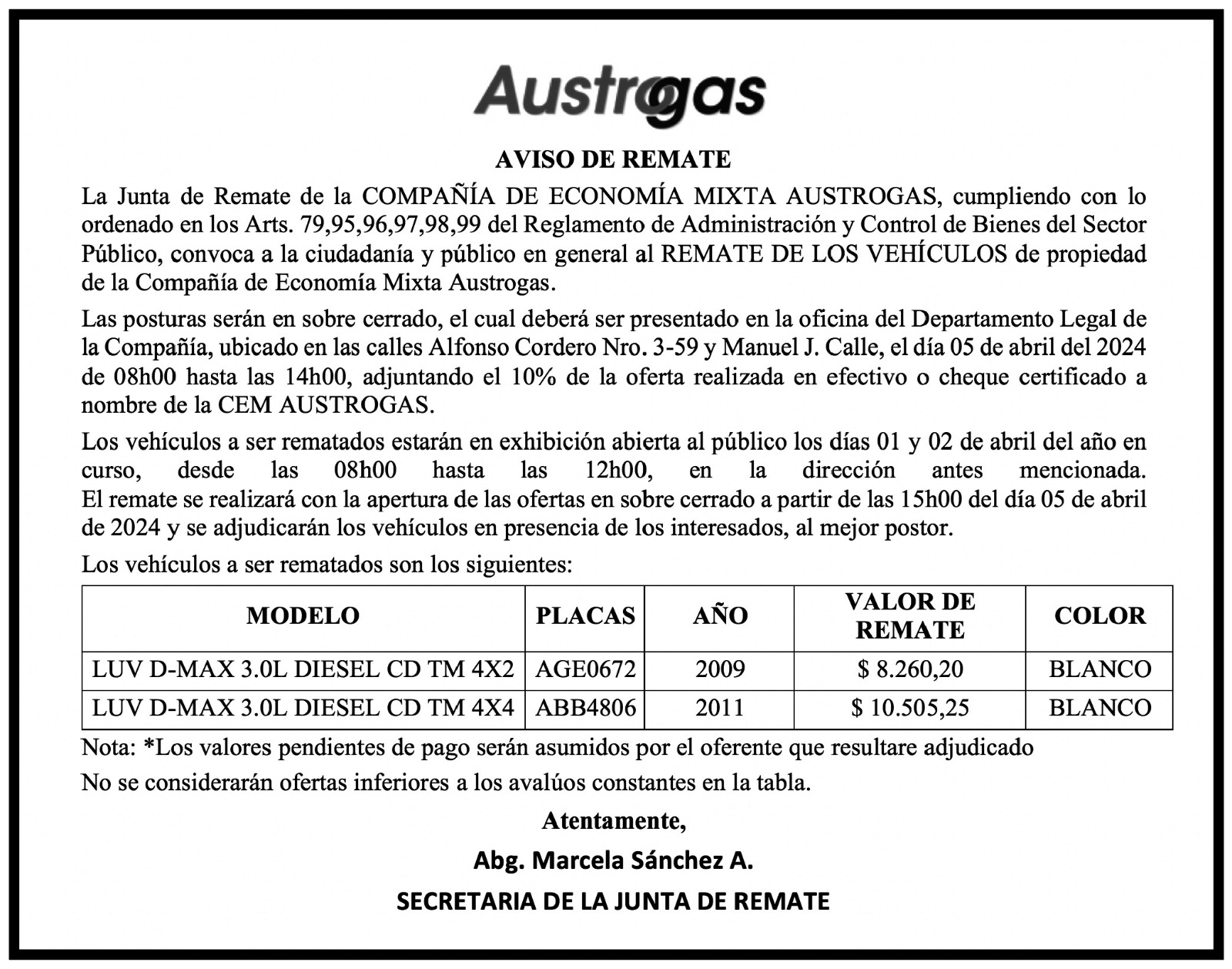 Aviso de remate vehicular