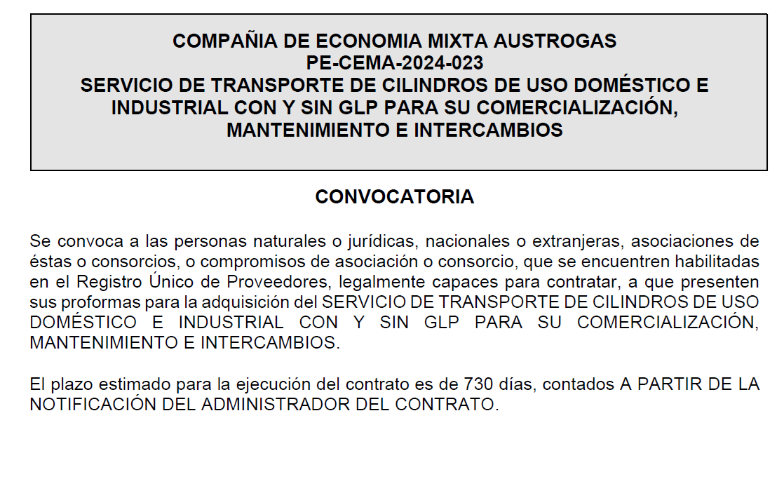 Convocatoria Servicio de transporte de cilindros de uso doméstico