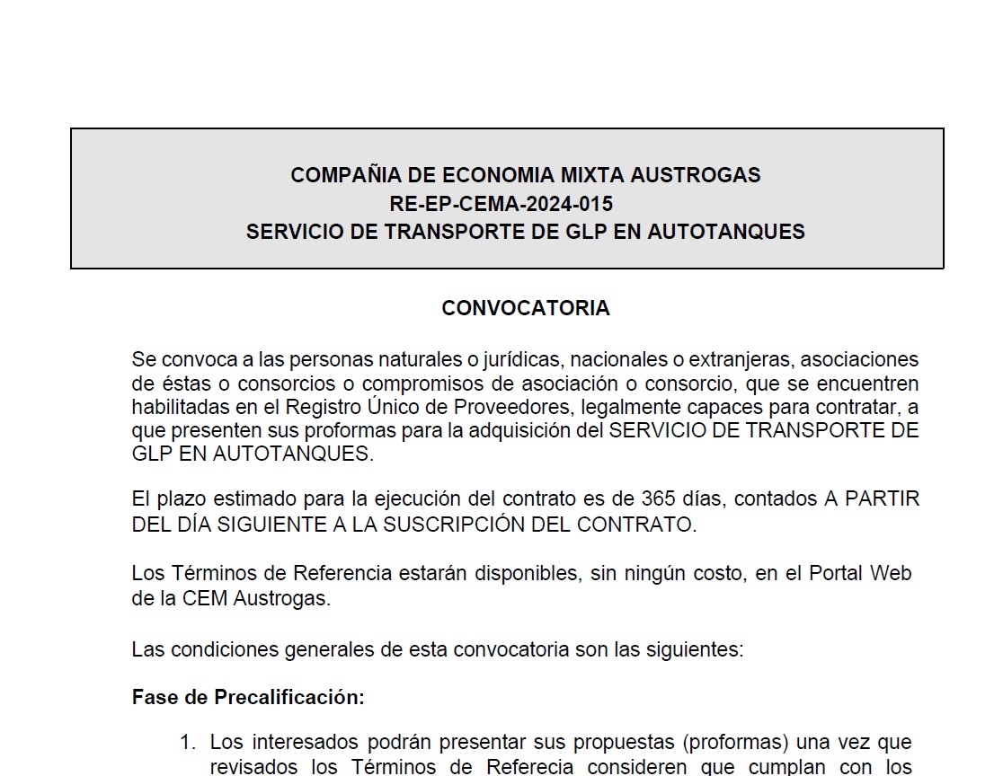 CONVOCATORIA - SERVICIO DE TRANSPORTE DE GLP EN AUTOTANQUES